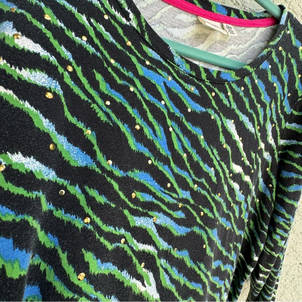 Rafaella XL cotton blue green diagonal tiger stripe artistic beaded blouse top - Picture 2 of 7